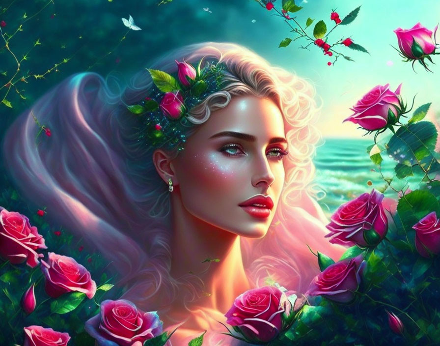 Woman with Flowing Hair and Flower Adornments in Rose-filled Nature Scene