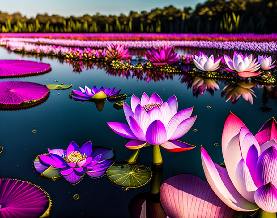 Pink and White Water Lilies on Serene Lake with Greenery