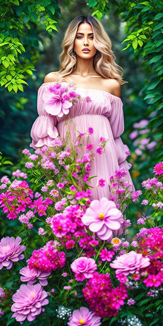 Woman in Pink Off-Shoulder Dress Surrounded by Vibrant Flowers