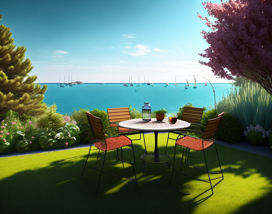 Seaside patio with table and chairs, lush greenery, pink tree, and calm sea view