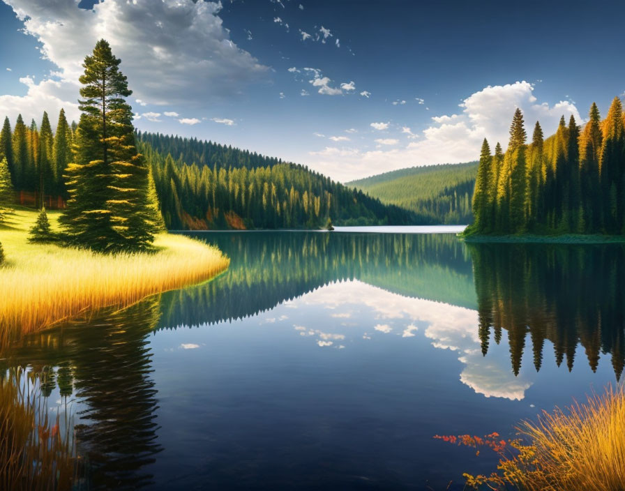 Tranquil lake with mirror-like reflection and lush forest scenery