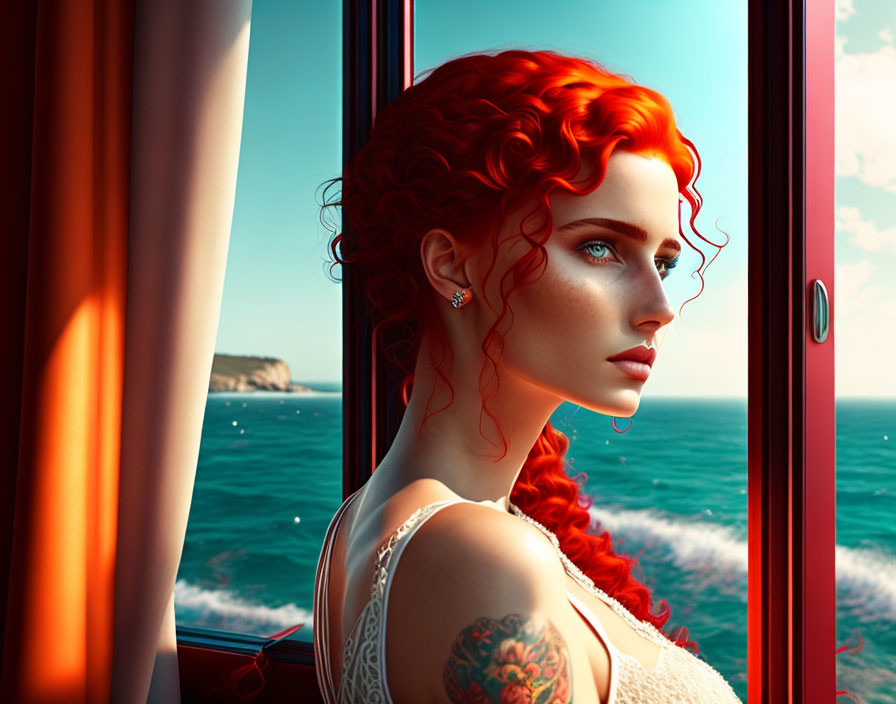 Curly Red-Haired Woman with Tattoo Looking at Sea from Window