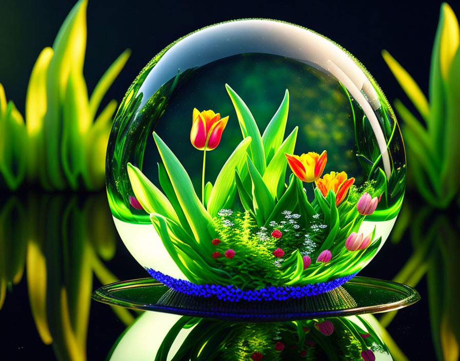 Colorful tulip garden in vibrant crystal ball display