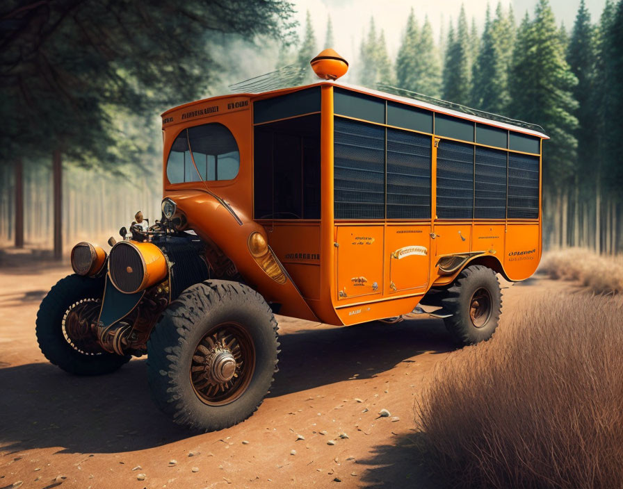 Vintage Orange Bus with Large Wheels on Dirt Road in Forest