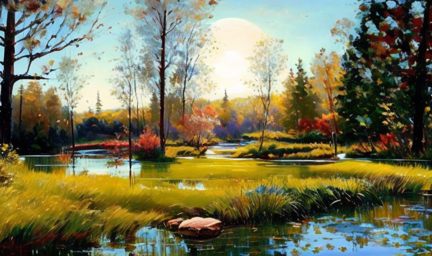 Serene landscape oil painting with lush trees and tranquil pond