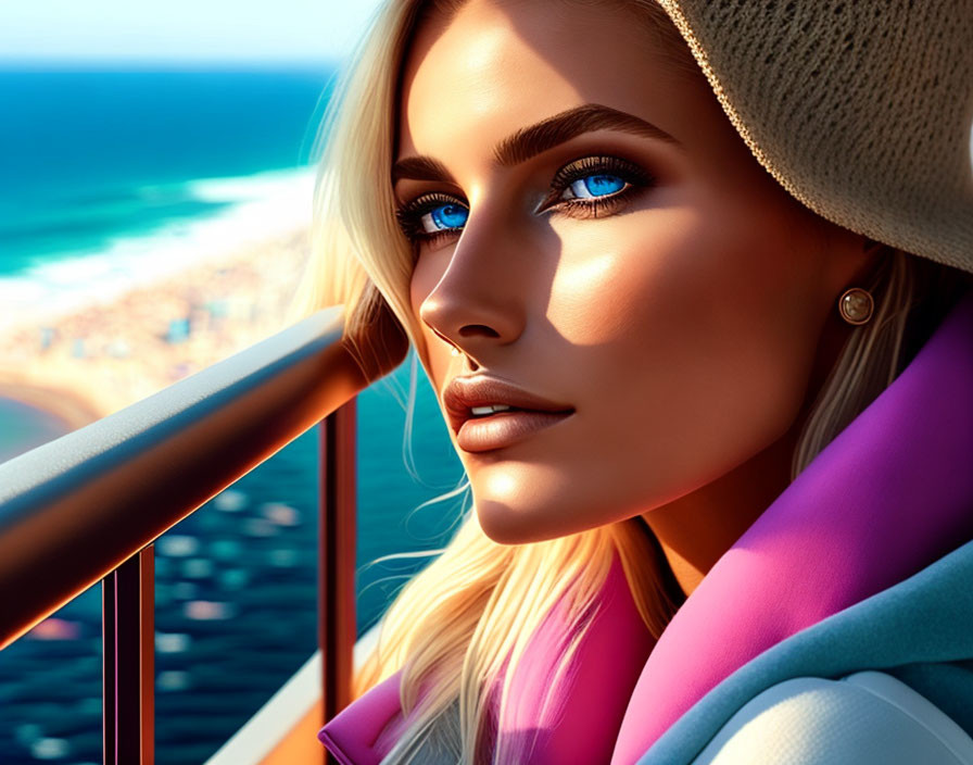 Blonde Woman in Hat and Scarf with Blue Eyes on Coastal Balcony