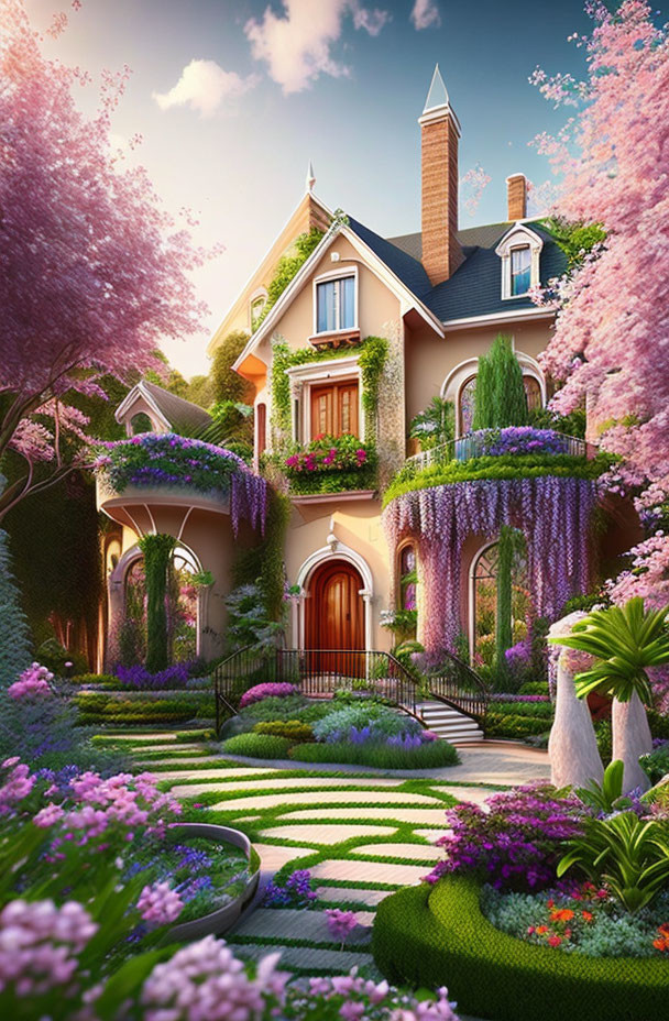 Beautiful two-story house with lush gardens and wisteria trees.