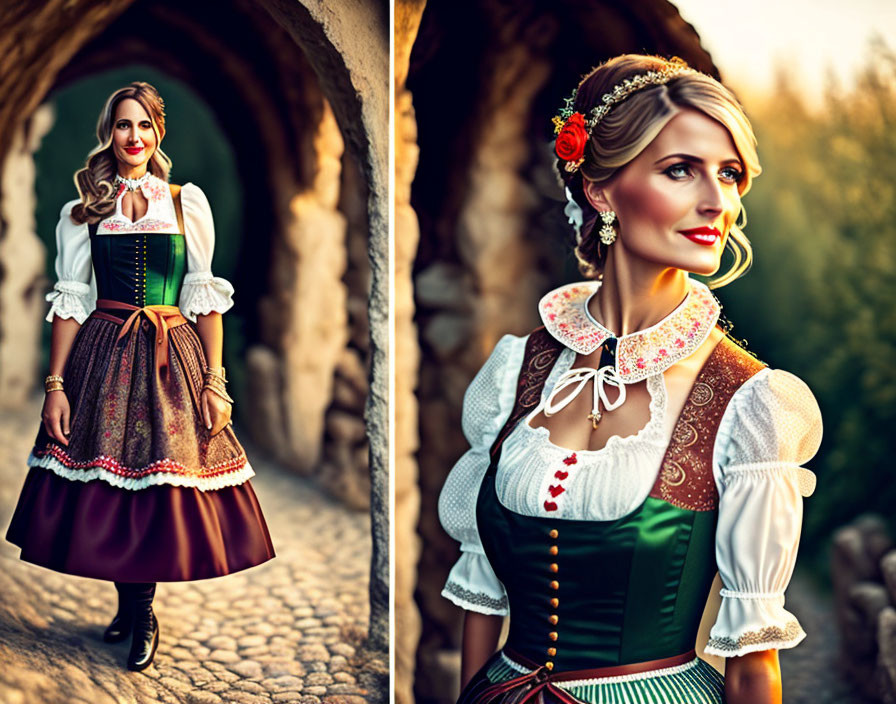 Traditional folk dress woman in green bodice and brown skirt outdoors