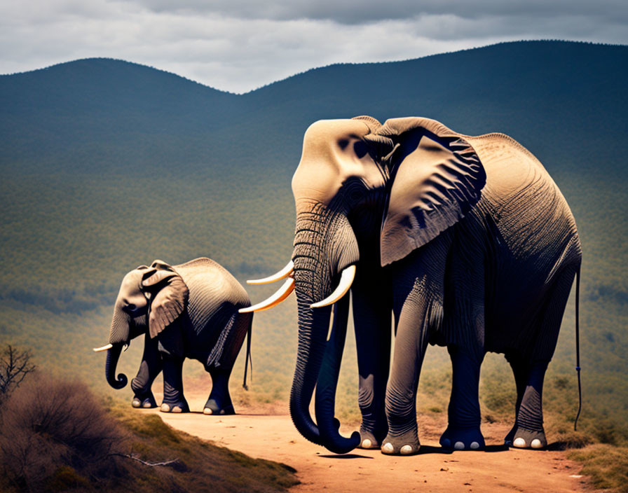 Elephants walking on path with hills and cloudy sky