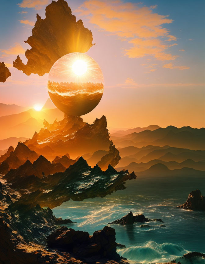 Layered mountains, reflective sea, large planet, sunset sky in fantastical landscape