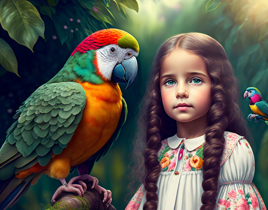 Young girl with long brown hair and blue eyes beside colorful parrot in lush green setting