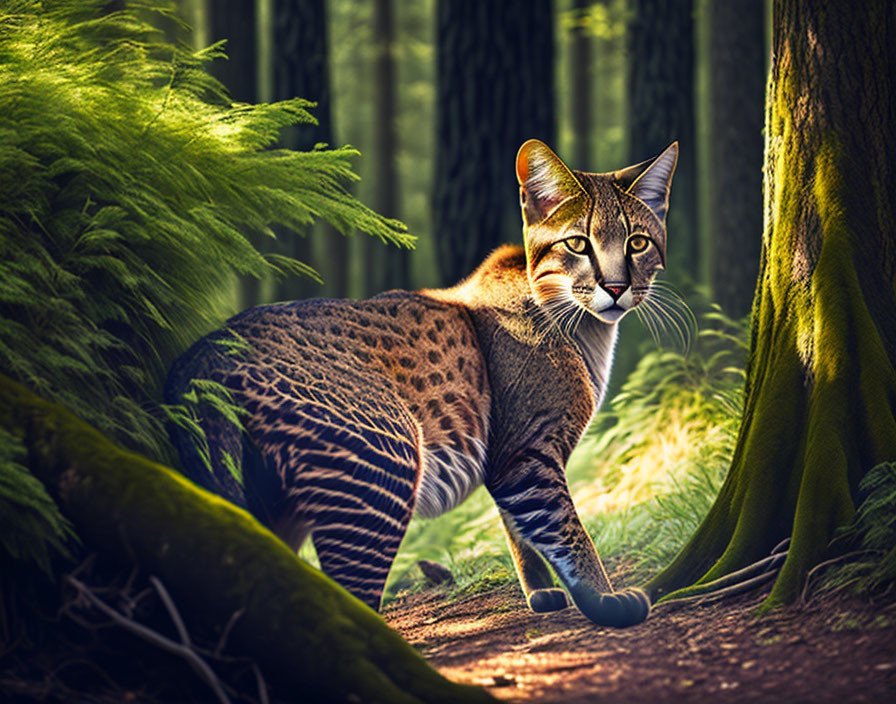 Wildcat-bodied Cat with Domestic Cat Head in Forest Setting