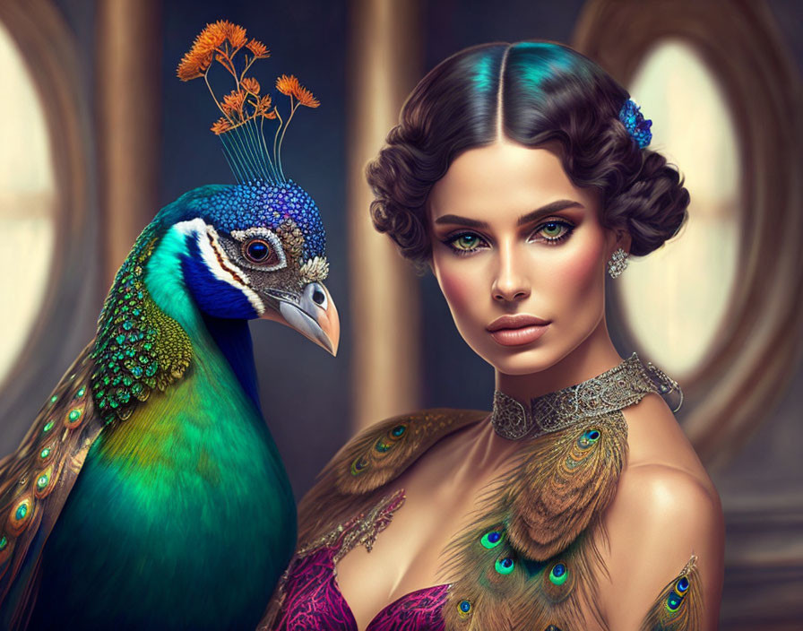 Woman with Peacock Feather Attire and Live Peacock in Blurred Background