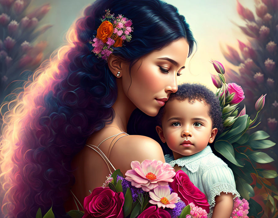 Digital painting of woman with flowers in hair holding toddler amidst lush flora