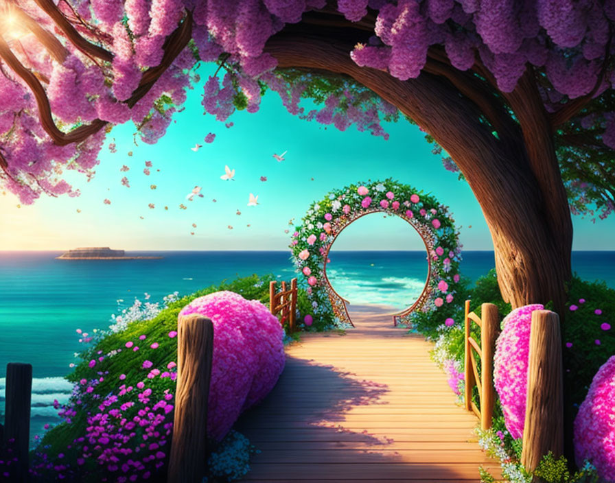 Wooden Pathway with Pink Flowers, Floral Arch, Ocean View, Birds, Purple Blooms