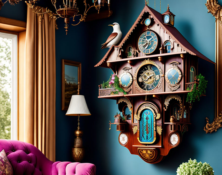 Ornate cuckoo clock with multiple clocks and intricate designs