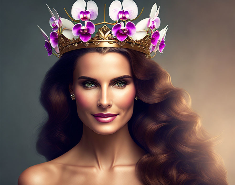 Digital portrait of woman with long brown hair, golden crown, purple orchids, green eyes