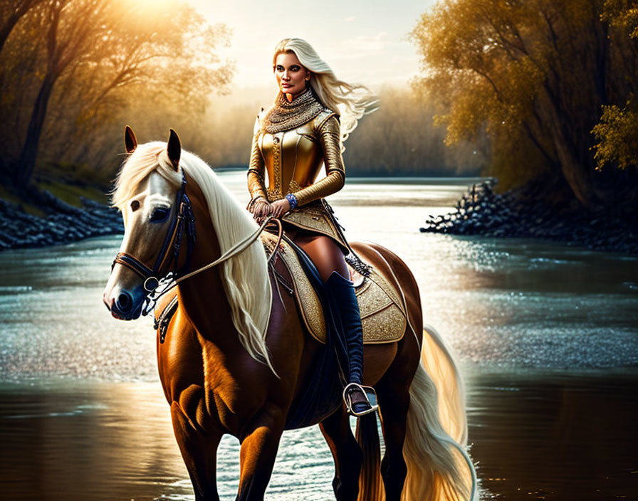 Blonde woman in golden armor rides palomino horse by autumn river