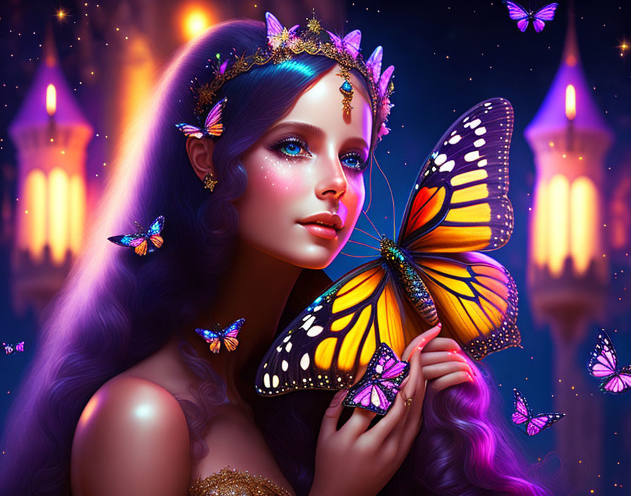 Fantasy illustration of woman with violet hair, crown, butterfly, castles, and butterflies.