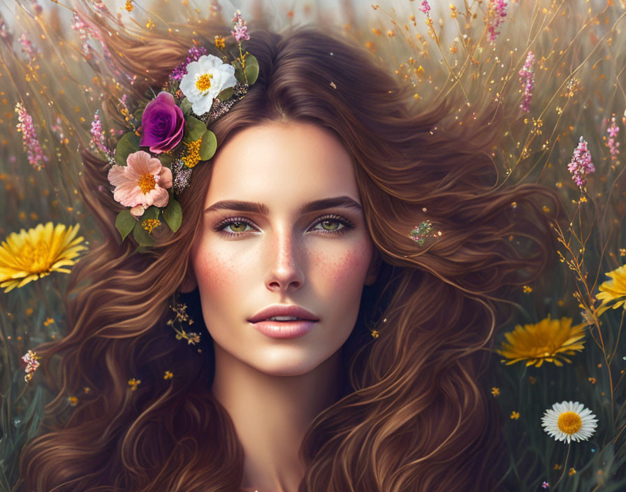 Woman with Brown Hair and Floral Crown in Wildflower Field