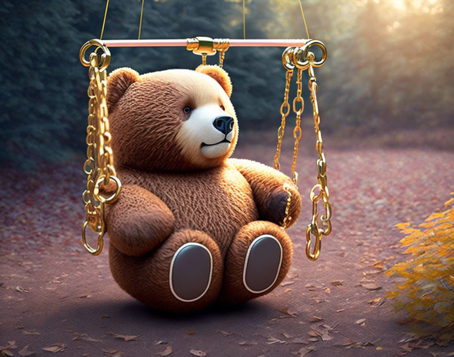 Plush teddy bear on swing in autumn landscape