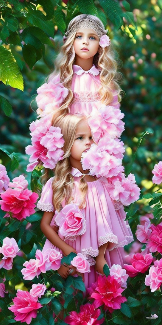 Two Girls in Pink Dresses Surrounded by Flowers and Greenery