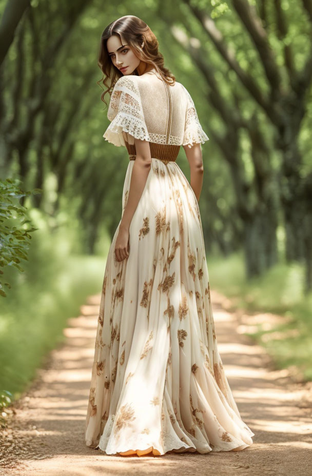 Woman in elegant dress on tree-lined path with dark hair and thoughtful expression