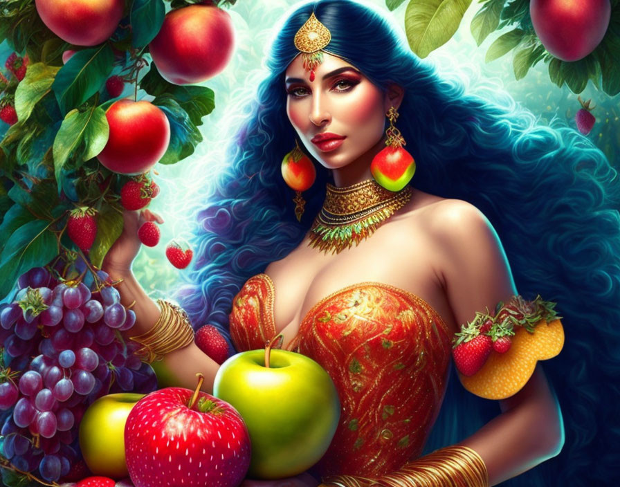 Colorful illustration of woman with golden jewelry and headpiece in fruit-filled setting