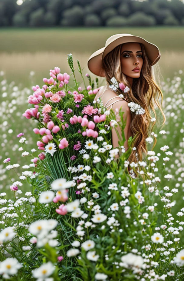 Woman in Beige Hat Surrounded by Colorful Field Flowers