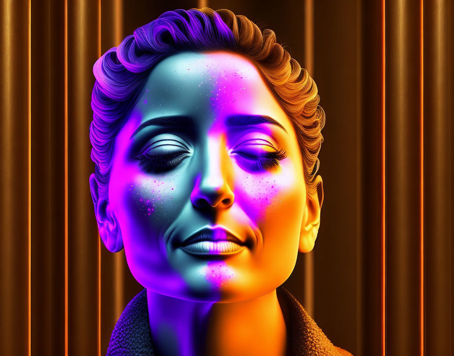 Vibrant digital artwork: Woman with neon blue and orange skin tones on dark background