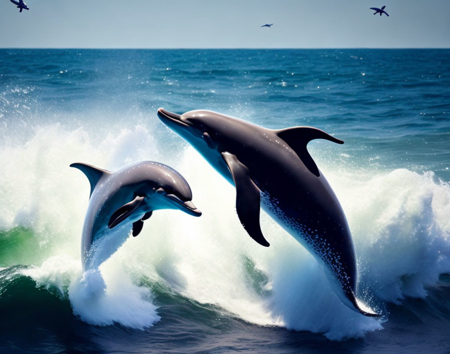 Ocean dolphins leaping with birds in clear sky