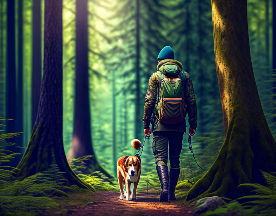 Person with beanie and backpack walking dog in sunlit forest