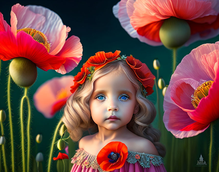 Blue-eyed girl with floral crown in red poppy field art.