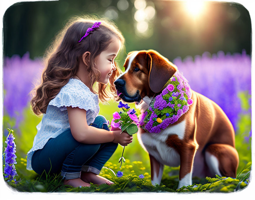 Young girl and beagle dog share gentle moment in flowery meadow