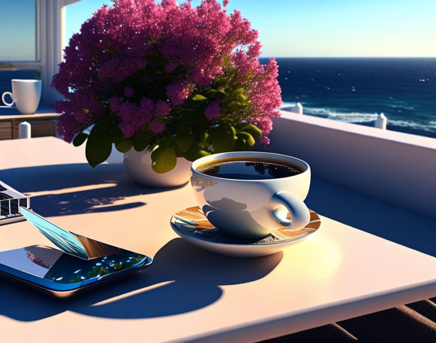 Coffee cup, smartphone, pink bouquet, and sea view on sunny balcony