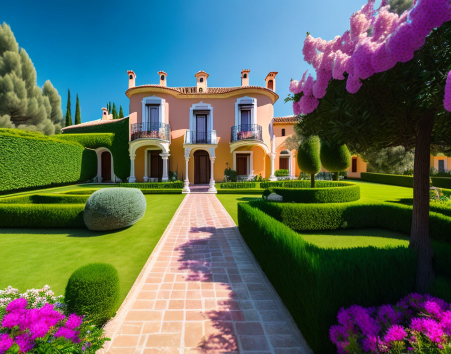 Luxurious Pink Villa with Manicured Hedges and Flowering Plants