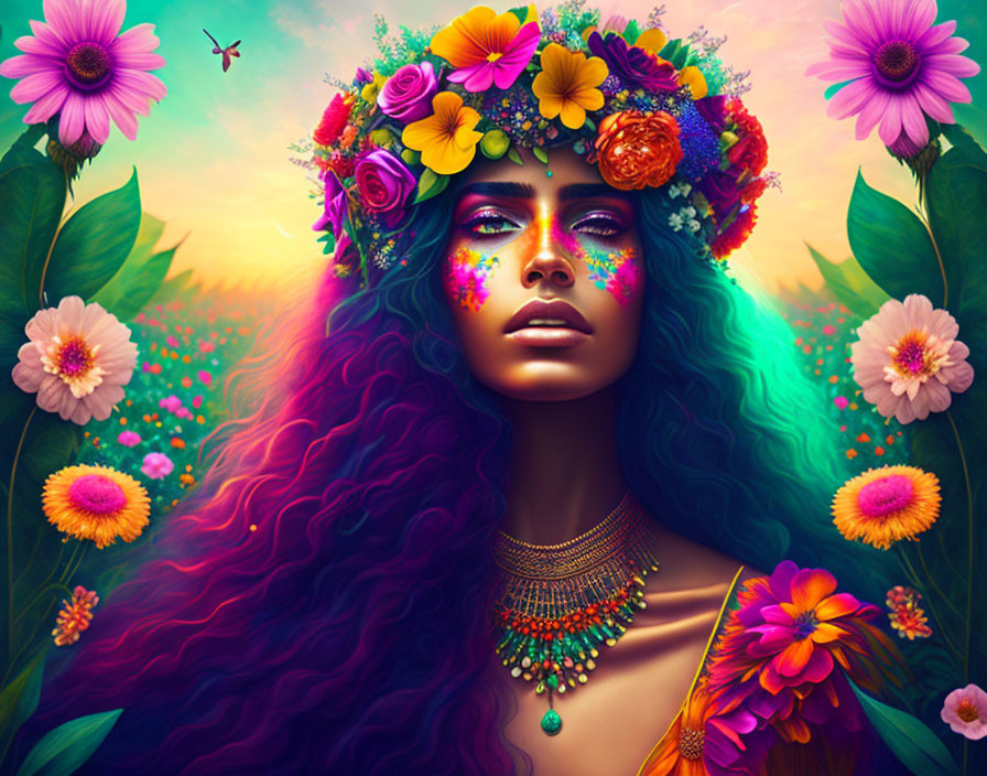 Colorful portrait of a woman with floral crown and purple hair in sunset setting