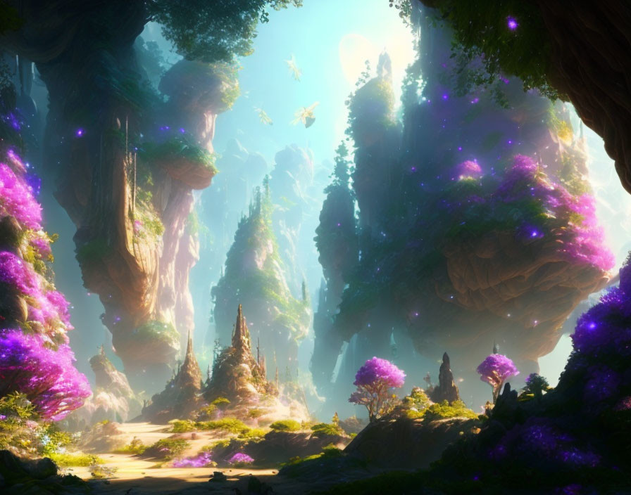 Fantastical forest with towering trees and floating islands