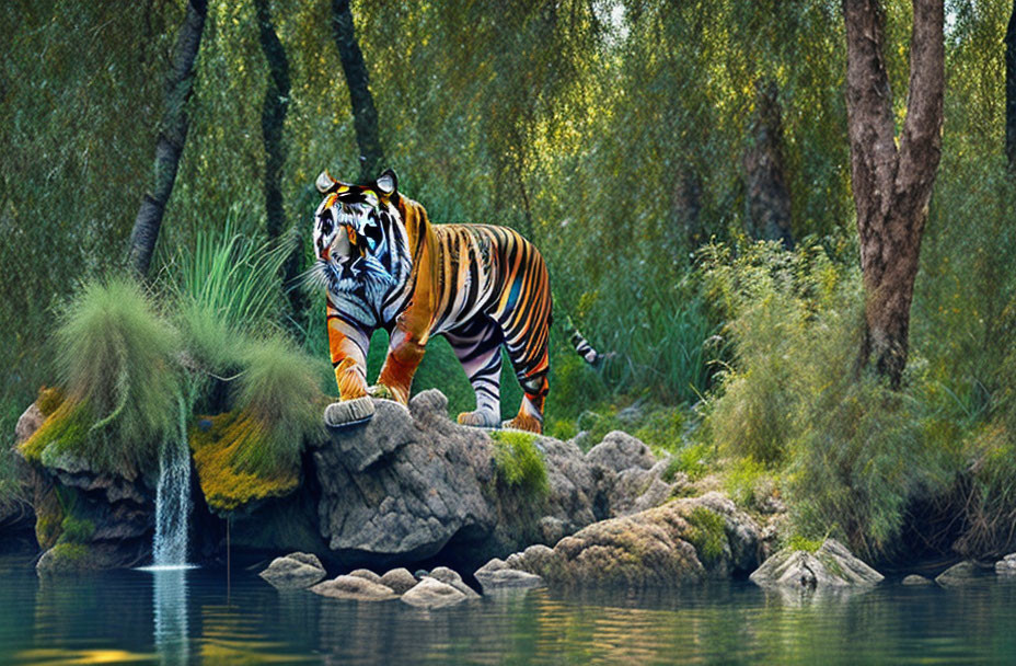 Majestic tiger on rocky terrain with lush greenery & water stream