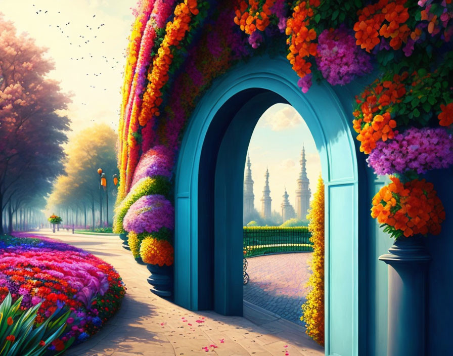 Colorful Flower-lined Pathway Leading to Castle Spires and Butterflies