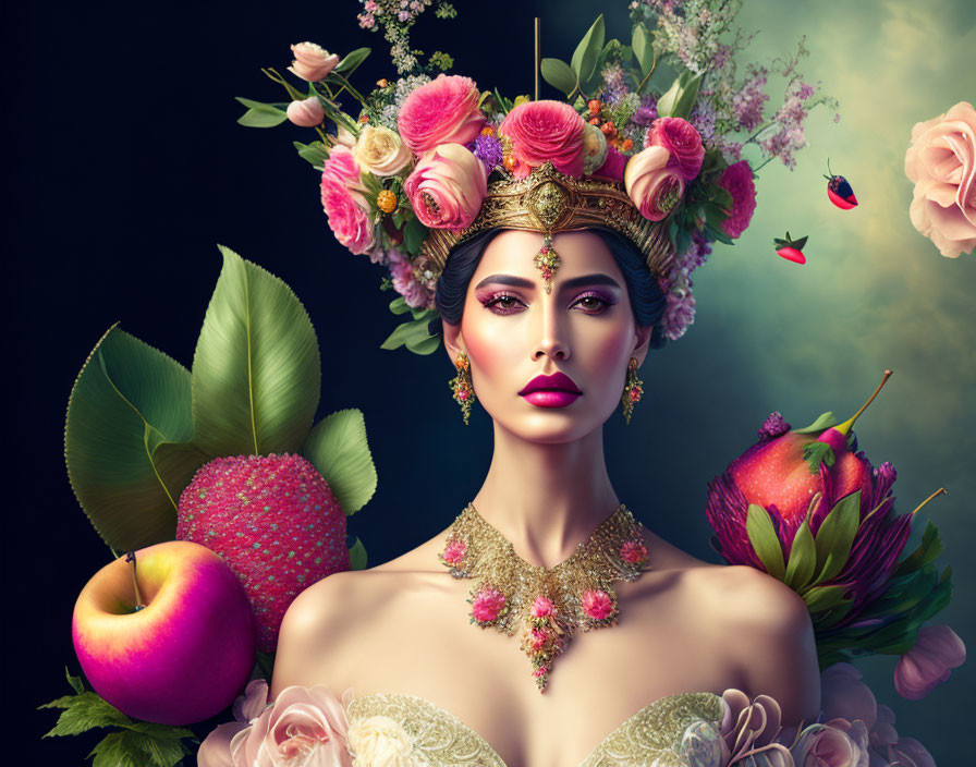 Woman with floral headpiece, jewelry, fruits, and butterfly in vibrant setting