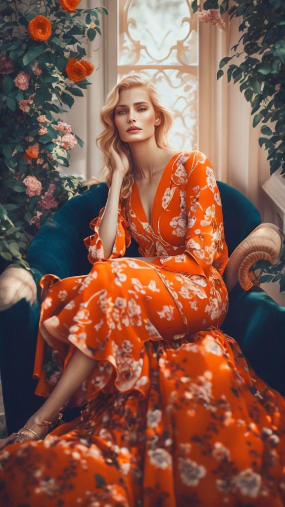 Woman in Orange Floral Dress Lounging in Green Velvet Chair