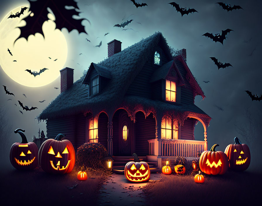 Eerie Halloween scene with jack-o’-lanterns, haunted house, bats, and full