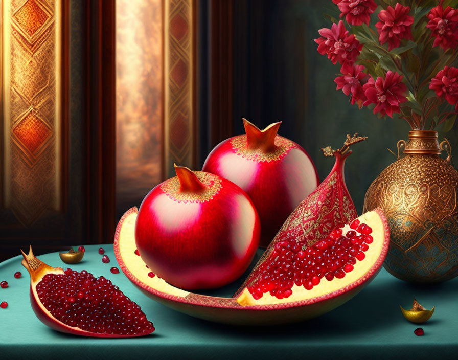 Ripe pomegranates and blooming flowers in digital still life