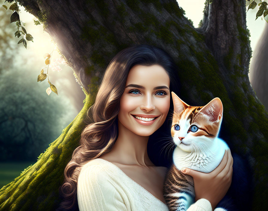 Smiling woman with long hair holding orange and white cat near tree