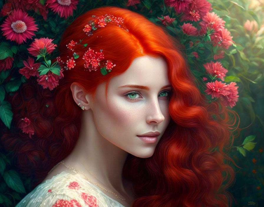 Vibrant curly red hair woman with blue eyes in lush greenery