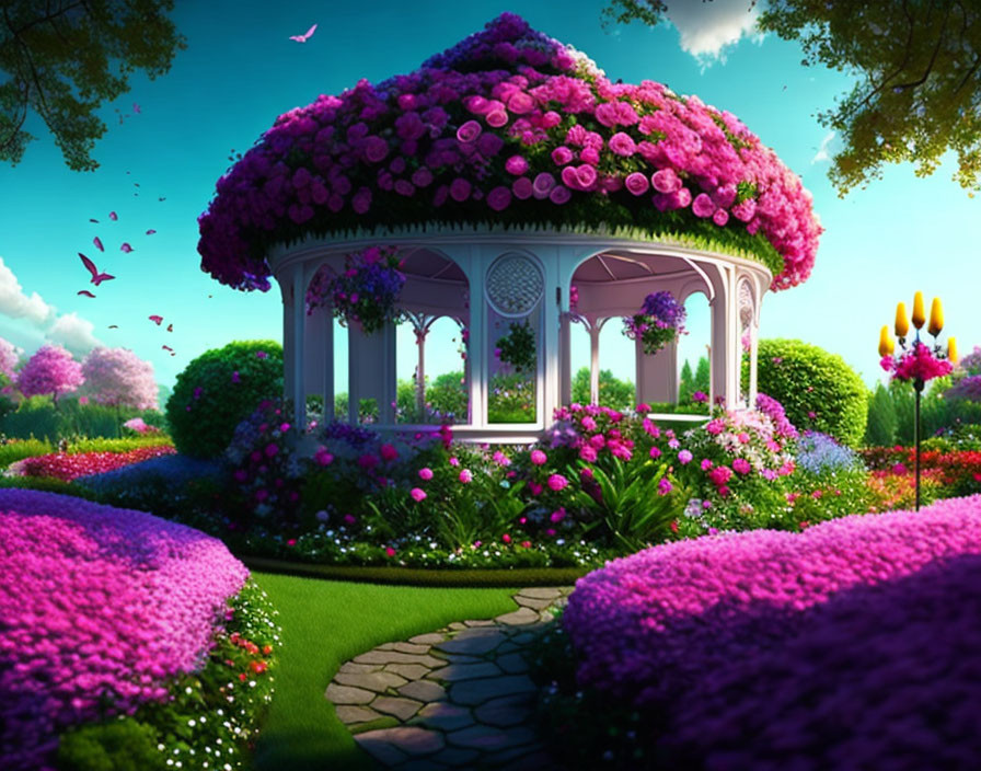 White Gazebo and Pink Flowers in Vibrant Garden Scene