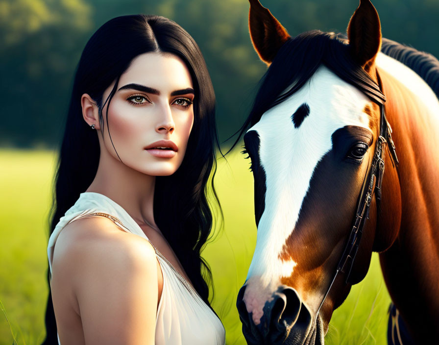 Digital artwork featuring woman with dark hair and horse in green field