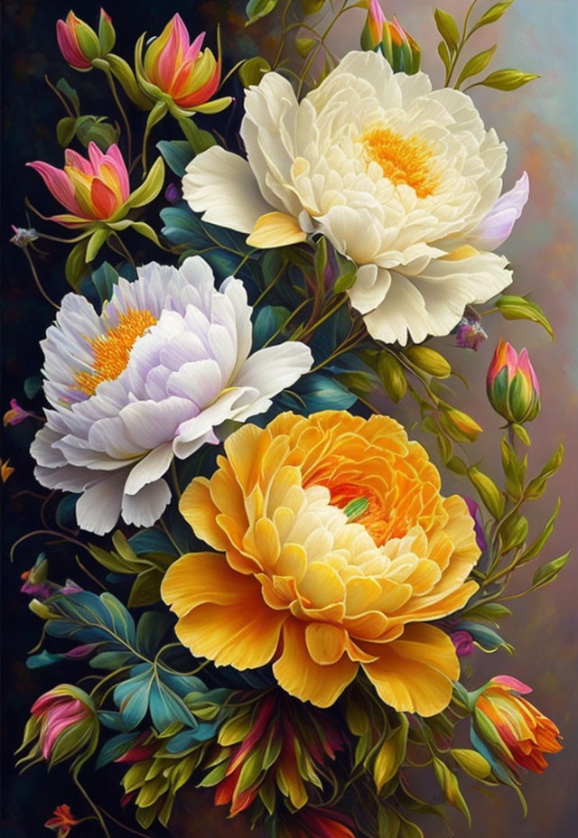 Colorful bouquet painting with white and orange peonies on dark backdrop