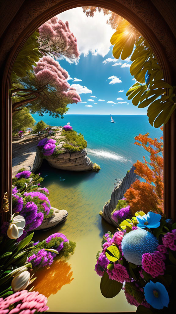 Arched window frames vibrant coastal scene with sailboat and colorful foliage